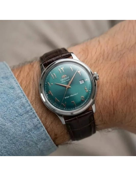 reloj automático hombre Orient Bambino Arabic Dial "Oasis Teal" RA-AC0035E 40.5m correa de cuero cal. F6724